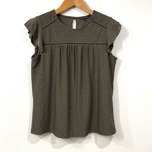 Adrianna Papell Eyelet Babydoll Blouse L Flutter Cap Sleeve Olive Green Lined